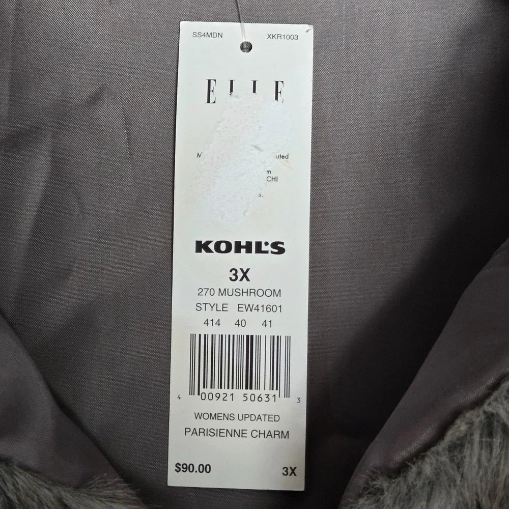 ELLE Faux Fur Vest Gray Plush Sleeveless Jacket NWT Plus Sz 3X Soft Shaggy‎